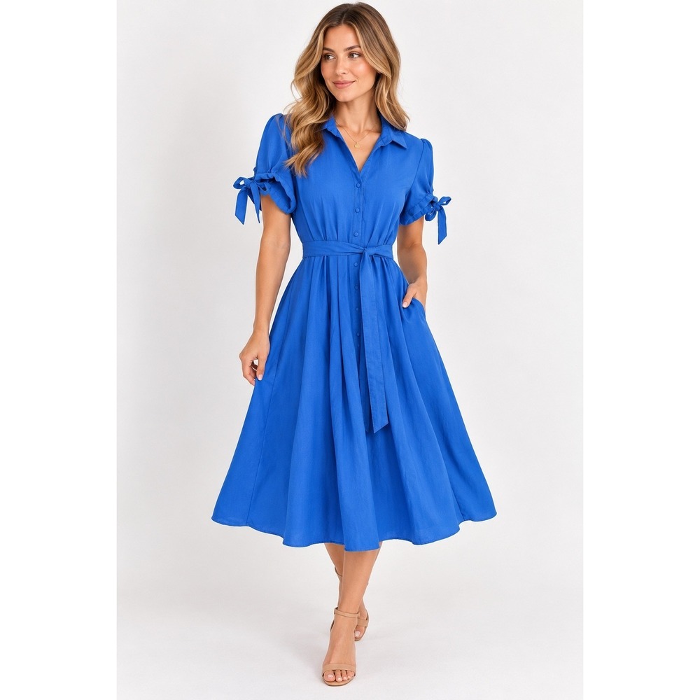 Chadwick's Royal Blue Short Sleeve Tie Cuff Belted Shirt Dress Womens Size 8